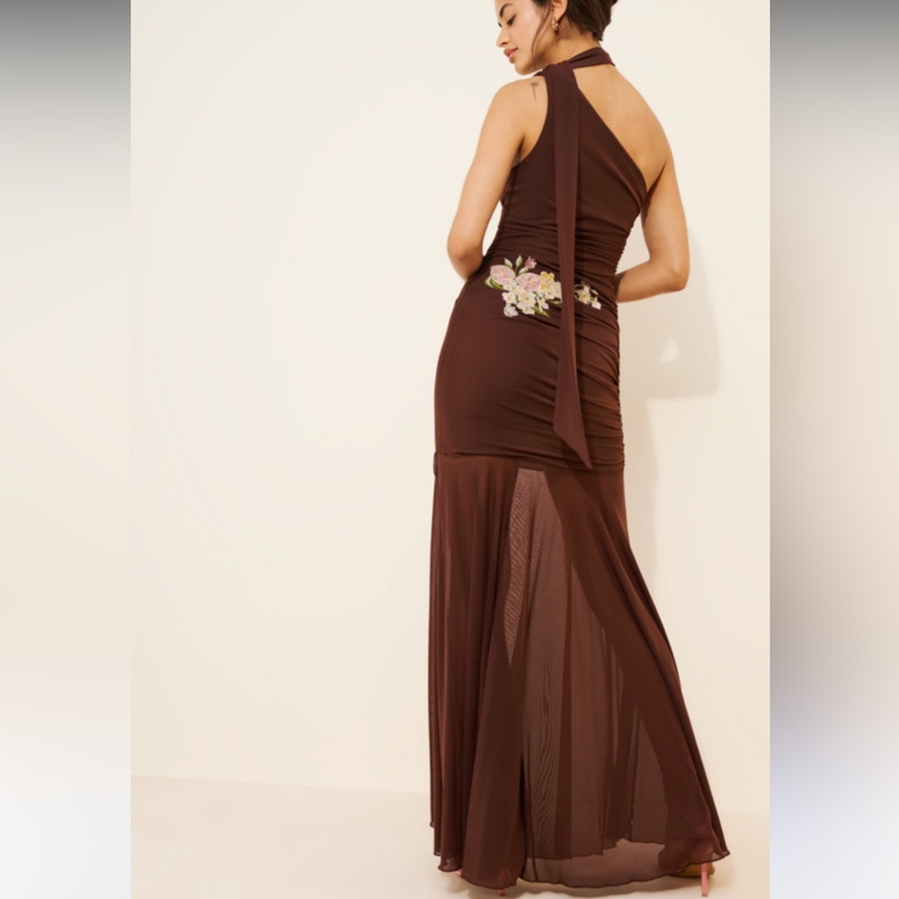 Anthropologie SAEMDI chocolate brown embroidered floral w neck scarf maxi large - Picture 11 of 16